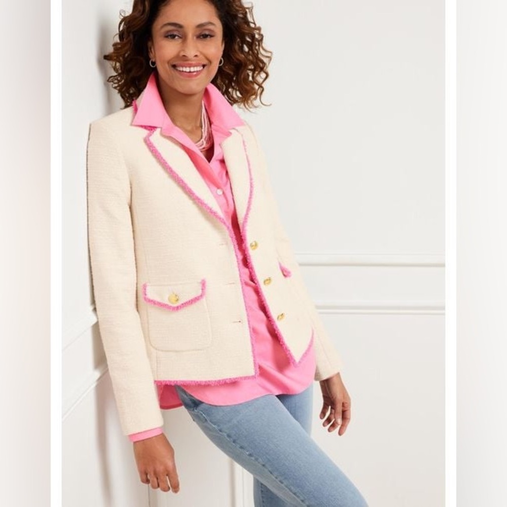 TALBOTS Women's Pink Tweed Fringe Jacket